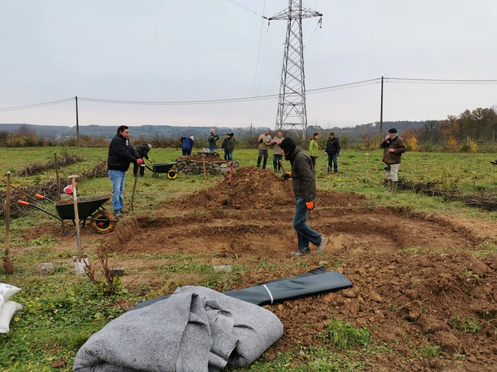 Groupe de personnes plantant des arbres dans un champ lors d'un chantier participatif