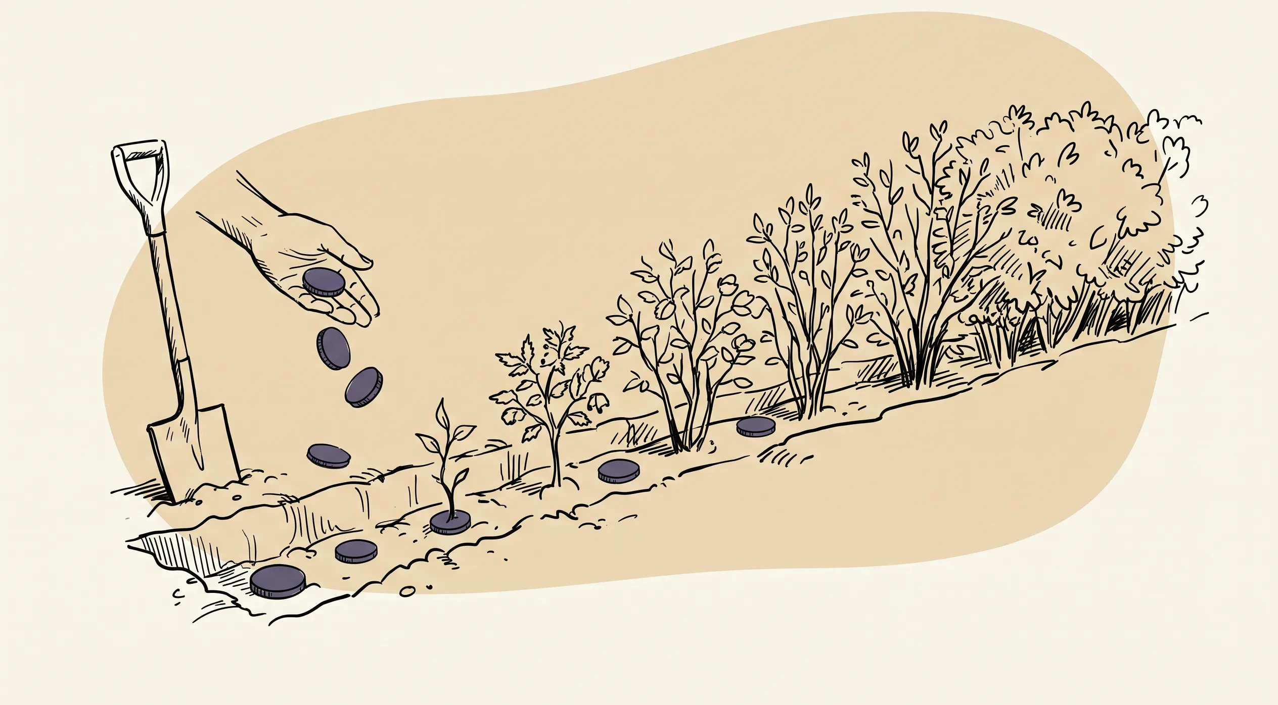 Illustration au trait : une main sème des pièces dans une tranchée de plantation, qui deviennent une haie champêtre