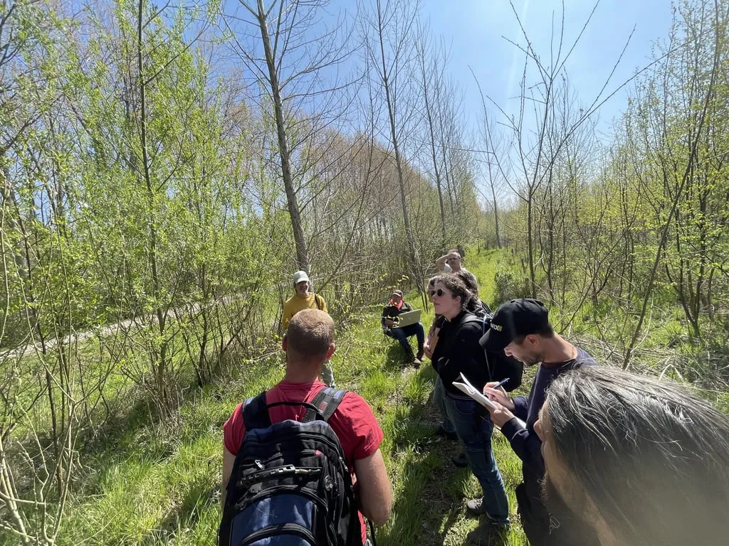 Visite de la forêt comestible : groupe cheminant entre les jeunes rangées plantées