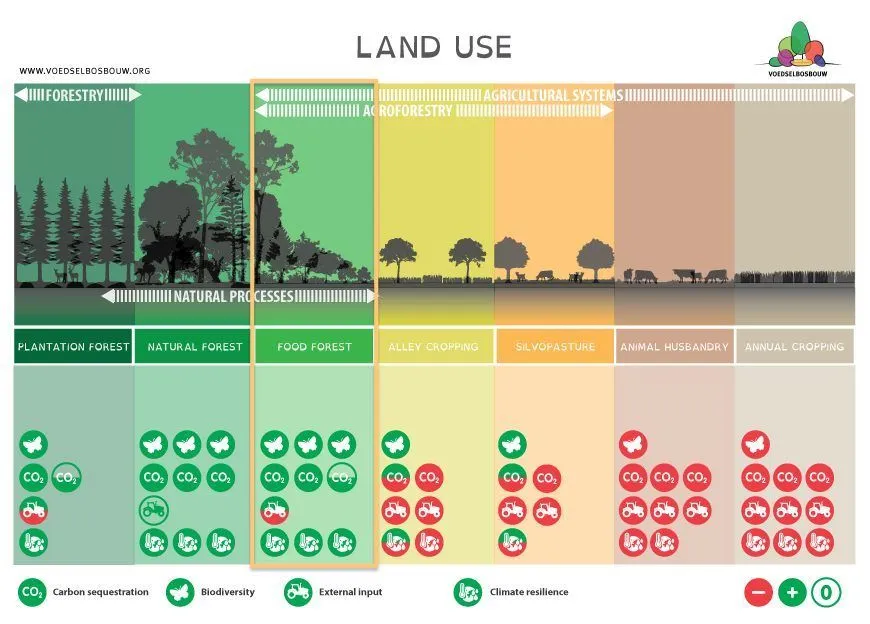 Diagramme « Land Use » situant la forêt comestible entre la forêt et l’agriculture, évaluée sur le stockage du carbone, la biodiversité, les intrants extérieurs et la résilience climatique