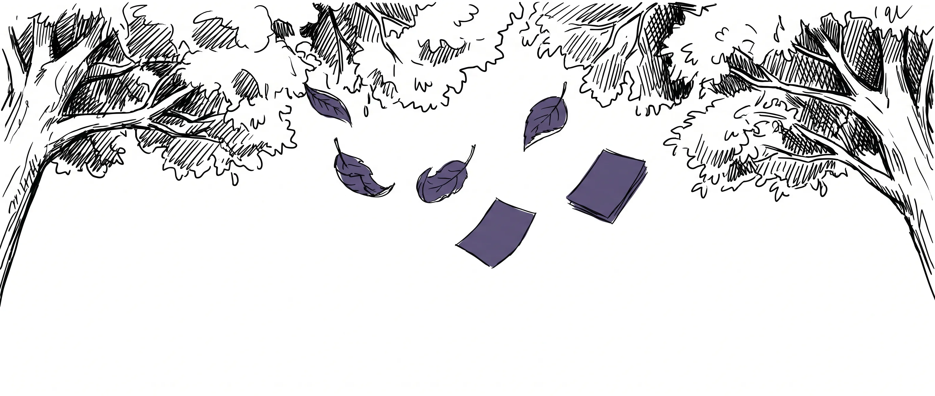 Dessin à l'encre : la canopée vue d'en dessous, d'où tombent des feuilles et des pages de papier