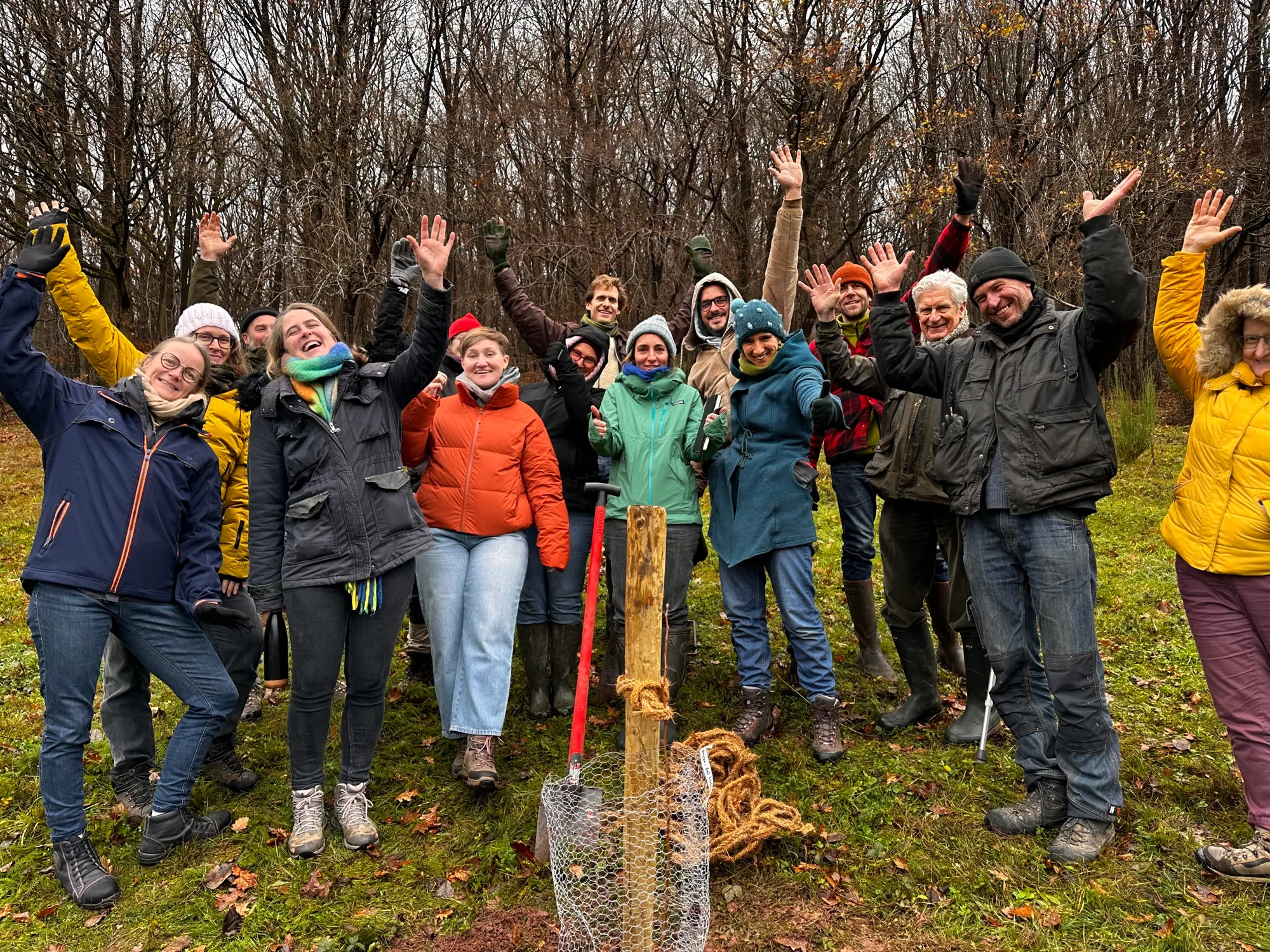 Le groupe d'un chantier de plantation hivernal, bras levés autour d'un jeune arbre