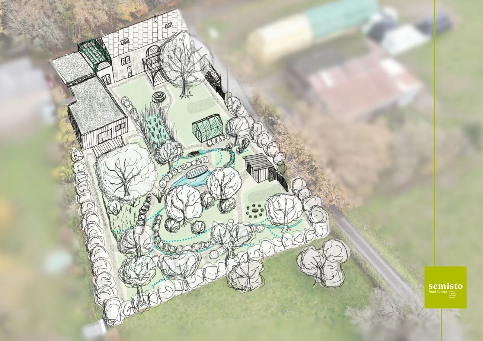 Croquis de design superposé à la vue aérienne d'un jardin-forêt conçu par Semisto