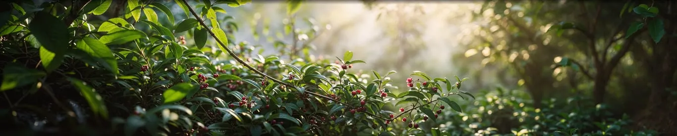 Arbuste fruitier aux petites baies rouges baigné de lumière dans un jardin-forêt.